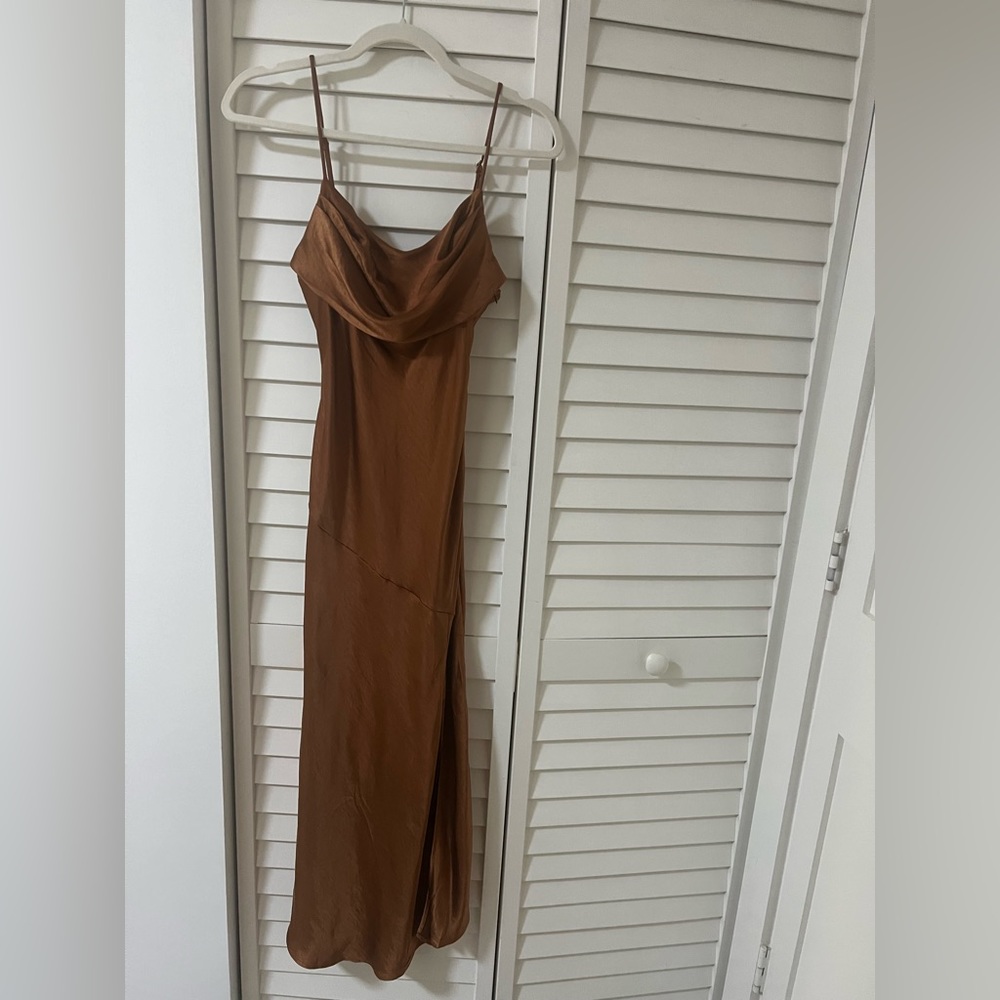 Elegant Strap Chocolate Satin Maxi Dress with Slit